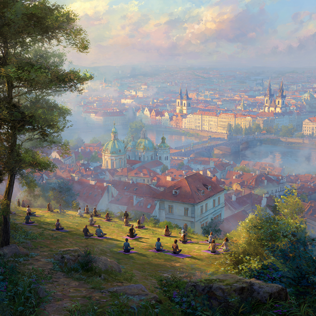 Група людей практикує йогу на природі